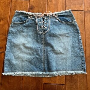Vintage Y2K Bubblegum Denim Mini Skirt with Lace-Up Detail